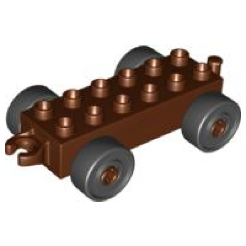 Деталь LEGO 2312c03 Duplo Car Base 2 x 6 with Open Hitch End and Black Wheels - Reddish Brown