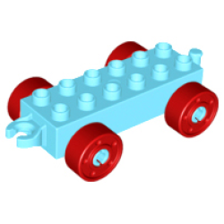 Duplo Car Base 2 x 6 with Open Hitch End and Red Wheels with Fake Bolts - Medium Azure Duplo Car Base 2 x 6 with Open Hitch End and Red Wheels with Fake Bolts - Medium Azure