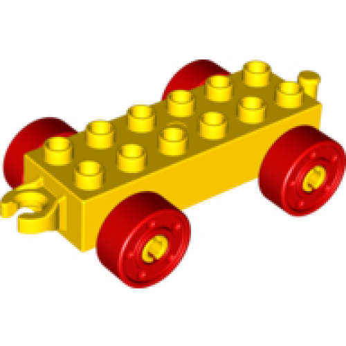 Деталь LEGO 11248c02 Duplo Car Base 2 x 6 with Open Hitch End and Red Wheels with Fake Bolts - Yellow