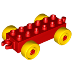 Duplo Car Base 2 x 6 with Open Hitch End and Yellow Wheels - Red Duplo Car Base 2 x 6 with Open Hitch End and Yellow Wheels - Red