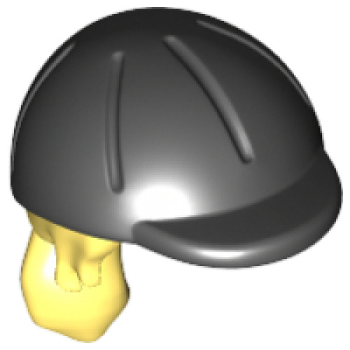 Деталь LEGO 92254pb01 Mini Doll, Hair Combo, Hair with Hat, Long Ponytail, Side Bangs, Hole in Back with Molded Black Horse Riding Helmet Pattern - Bright Light Yellow