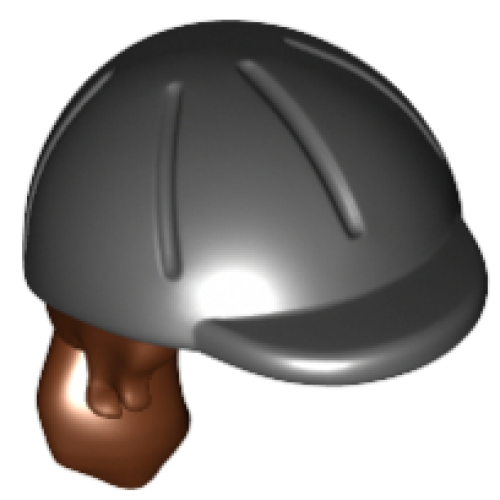 Деталь LEGO 92254pb01 Mini Doll, Hair Combo, Hair with Hat, Long Ponytail, Side Bangs, Hole in Back with Molded Black Horse Riding Helmet Pattern - Reddish Brown