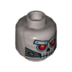 Minifigure, Head Alien Skull with Red Eyes, Metal Eyebrows with Rivets and Metal Jaw with Screws Pattern - Flat Silver