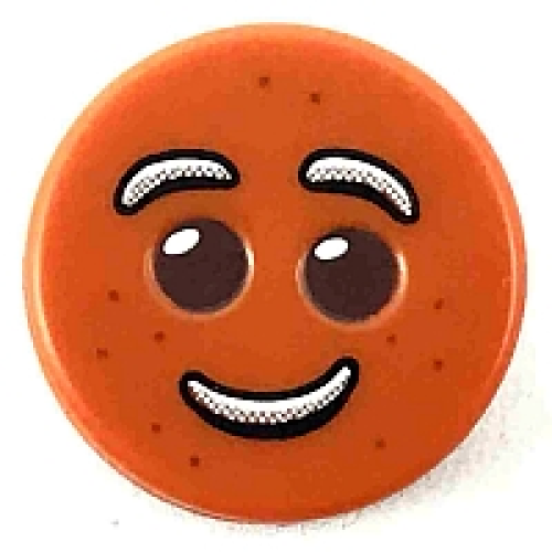 Деталь LEGO 14396c01pb01 Minifigure, Head, Modified Cookie Shape with Fixed Reddish Brown Filling with Eyes, White Icing Eyebrows and Smile Pattern (Undetermined Type) - Dark Orange