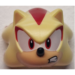 Minifigure, Head, Modified Hedgehog, Shadow with Molded Medium Tan Face and Inner Ears and Printed Red Streaks, Eyes on White Background, Black Nose and Open Mouth Scowl Pattern - Bright Light Yellow