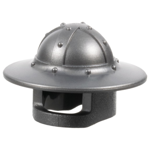 Деталь LEGO 30273 Minifigure, Headgear Helmet Castle Kettle Hat with Chin Guard and Broad Brim - Pearl Dark Gray
