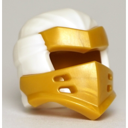 Minifigure, Headgear Ninjago Wrap Type 7 with 4 Slits on Front with Molded Pearl Gold Armor Pattern - White Minifigure, Headgear Ninjago Wrap Type 7 with 4 Slits on Front with Molded Pearl Gold Armor Pattern - White