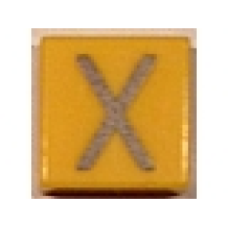 Tile 1 x 1 with Silver Capital Letter X Pattern - Yellow