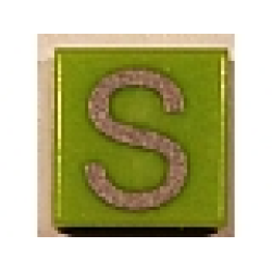 Tile 1 x 1 with Silver Capital Letter S Pattern - Lime