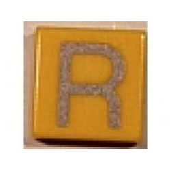 Tile 1 x 1 with Silver Capital Letter R Pattern - Yellow