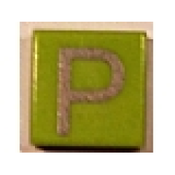 Tile 1 x 1 with Silver Capital Letter P Pattern - Lime