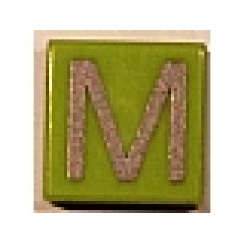 Деталь LEGO 3070pb021 Tile 1 x 1 with Silver Capital Letter M Pattern - Lime
