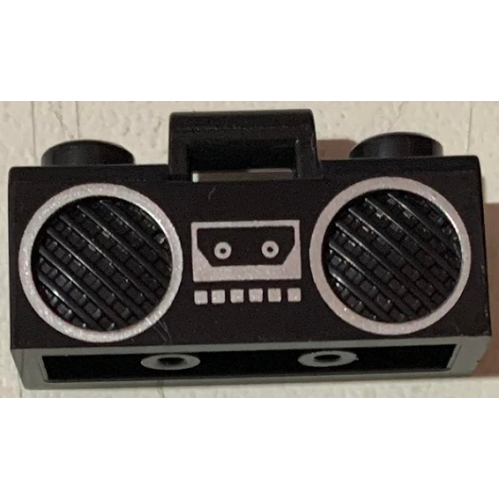 Деталь LEGO 93221pb02 Minifigure, Utensil Radio Boom Box with Bar Handle with Silver Cassette Player, Buttons and Rimmed Speakers Pattern - Black