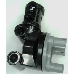 Technic, Steering, Wheel Hub Holder / Shock Absorber Head with 2 Pin Joiners and Shaft with 2 Axle Holes with Dark Bluish Gray Wheel Hub 3 Pins Round (69636 / 92909) - Black