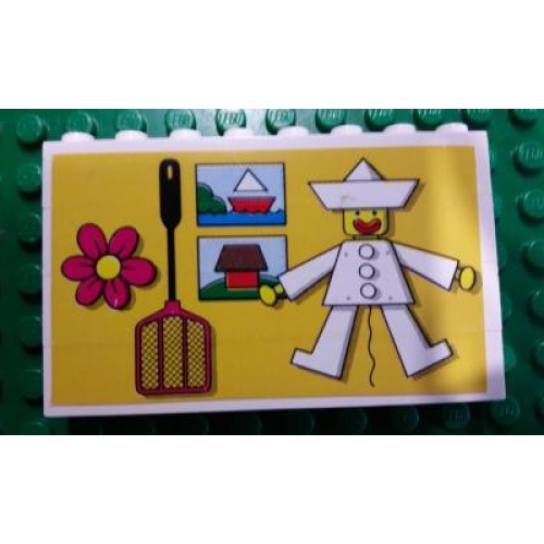 Деталь LEGO BA051pb01 Stickered Assembly 8 x 1 x 4 with Jumping-Jack, House, Lake and Clown Pattern on Yellow Background (Sticker) - Set 297 - 4 Brick 1 x 8 - (Not Applicable)